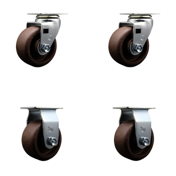 4'' High Temp Glass Filled Nylon Caster Set w/Bronze Bearing 2 Swivel 2 Rigid, 4PK